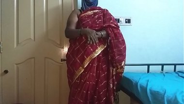 desi indian tamil telugu kannada malayalam hindi horny cheating wife vanitha wearing cherry red colour saree showing big boobs and shaved pussy press