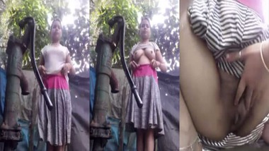 Dehati girl bathing nude outdoors selfie video